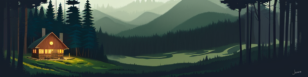 Painting of a cozy cabin in the forest with a river in the background and layered hills beyond